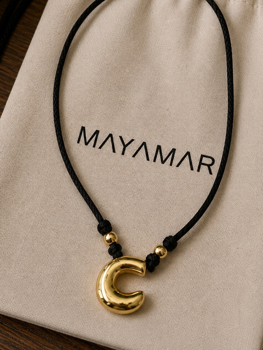 New mayamar black cord adjustable necklace with gold plated initial C